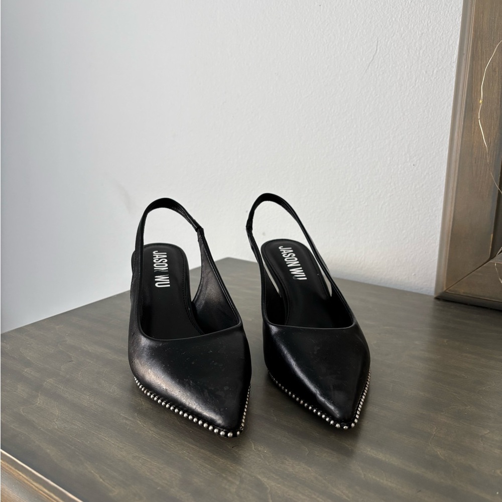 Jason Wu Black Pointed Slingback Heels with Stud Accents